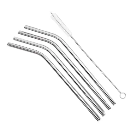 Kit 5 pcs: 4 Canudos Inox Curvos + Escova higienizadora